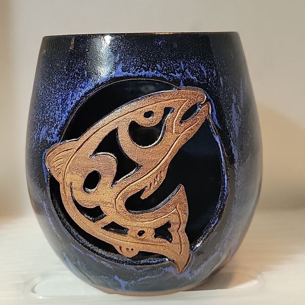 RM Studio Art Pottery Ceramic Fish Luminary Tea Light Candle Holder Collectible